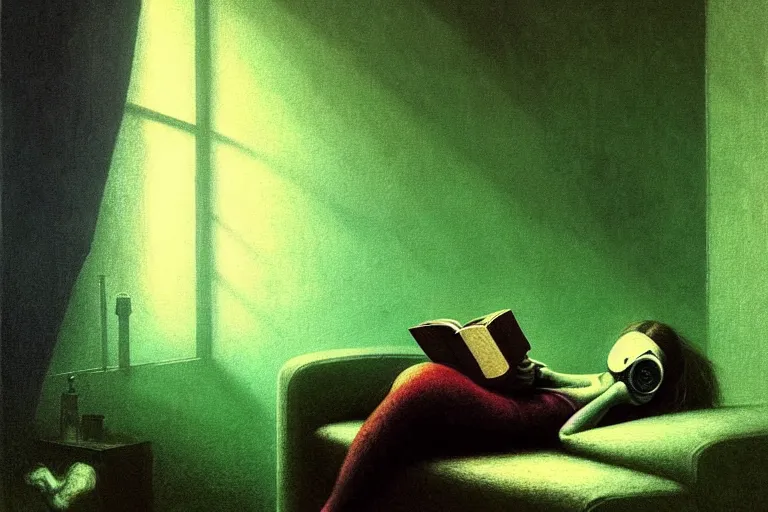 Image similar to girl with wearing a gas mask lying on the sofa reading a book in her room, in the style of beksinski, naturecore, atmospheric, intricate and epic composition, green by caravaggio, insanely quality, highly detailed, masterpiece, white light, artstation, 4 k