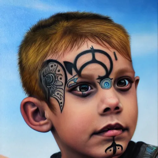 Image similar to a detailed portrait of a boy with a face tattoo in the desert, fantasy art illustration, incredibly highly detailed and realistic, 8 k, sharp focus