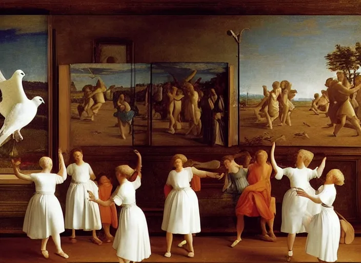 Image similar to realistic museum photography of a painting with a group of girls wearing white shorts, dancing with white pigeons in a wooden room in style raffaello sanzio, italian renaissance painting, detailed