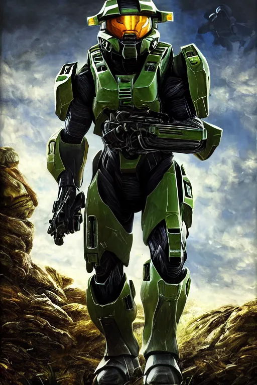 Prompt: master chief from halo 3 hunting easter eggs, oil on canvas, intricate, portrait, 8 k highly professionally detailed, hdr, cgsociety