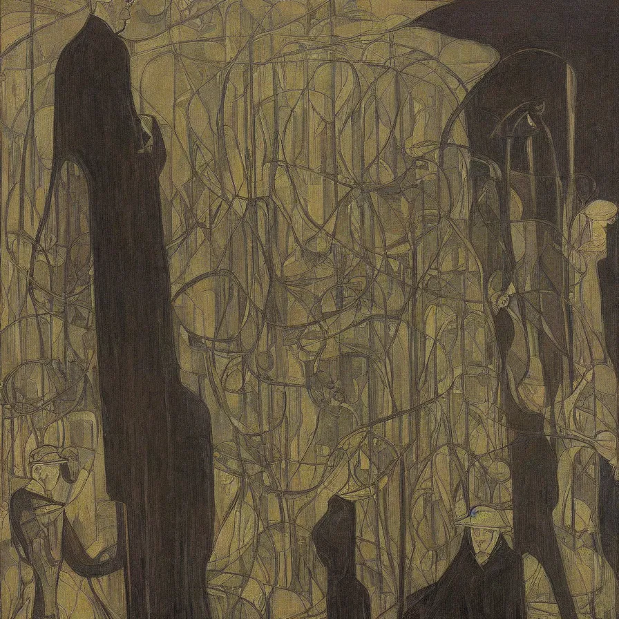 Prompt: artwork about loneliness when time drags on, by jan toorop. atmospheric ambiance. depth and perspective. foggy.