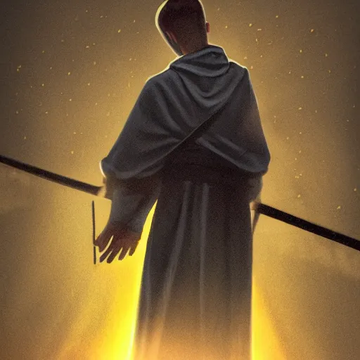 Prompt: A terrified young catholic priest at the top of a medieval tower watching in fear as an ominous yellow shadow descends upon him from the night sky. He is fervently praying but his eyes are wide open with fear. Low angle angle, dramatic lighting. Award-winning digital art, trending on ArtStation