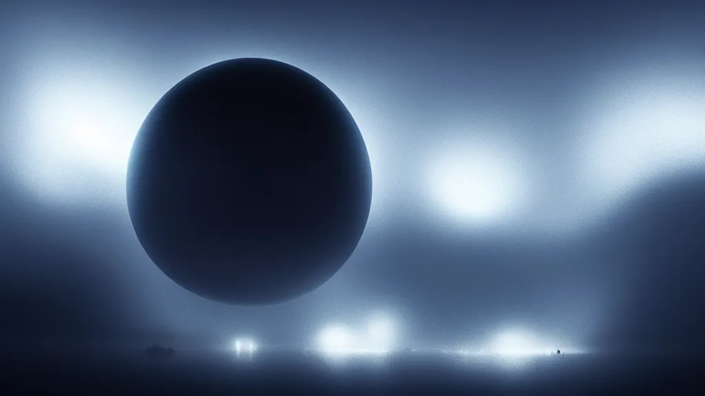 Image similar to luminous lines stretch from the black sphere that is located above the small city in the fog, fog, volumetric lighting, mystique, atmospheric, sharp focus, ultra detailed, ross tran, thierry doizon, kai carpenter, ignacio fernandez rios, noir art house, 4 k, 3 5 mm