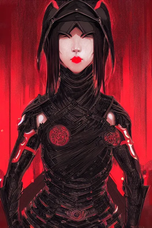 Image similar to portrait Ninja gaiden girl, armored black and red ninja wardrobe, in ruin japanese rainny temple night, ssci-fi and fantasy, intricate and very very beautiful and elegant, highly detailed, digital painting, artstation, concept art, smooth and sharp focus, illustration, art by tian zi and WLOP and alphonse mucha
