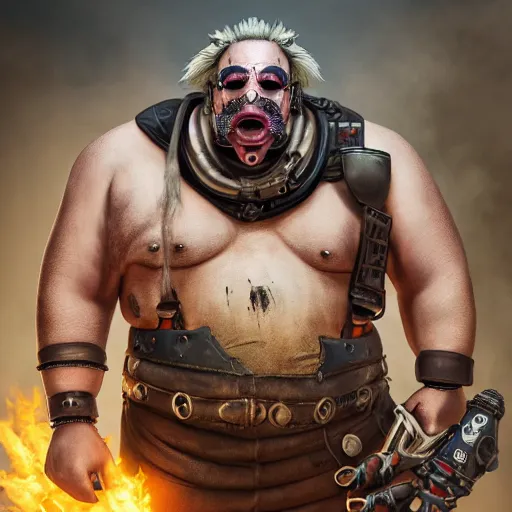 Image similar to roadhog from overwatch as immortan joe from mad max fury road, 4k, high detail, high-resolution photograph, professional photography, ultra-detail