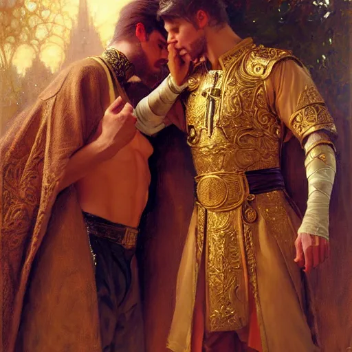 Image similar to attractive fully clothed king confesses his love for his attractive fully clothed male prince. highly detailed painting by gaston bussiere, craig mullins, j. c. leyendecker 8 k