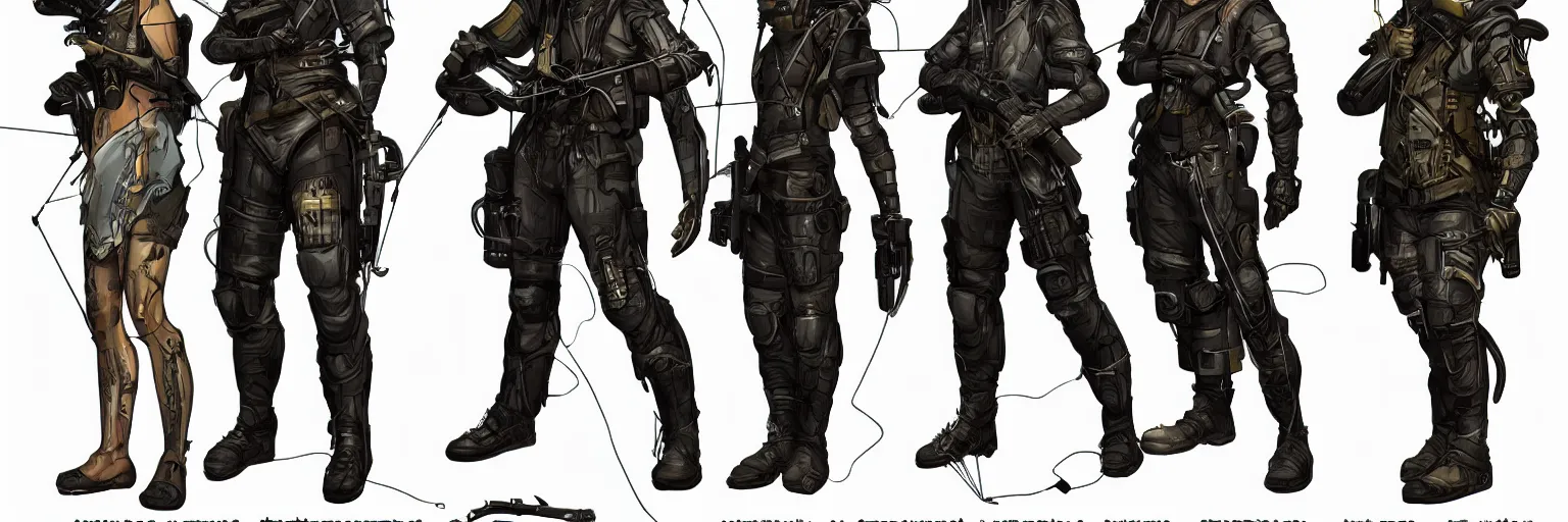 Prompt: character designs of cyberpunk archer, carrying compound bow, tactical, style over substance, layout