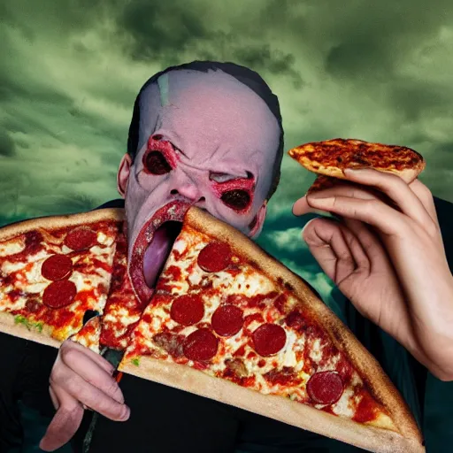 Image similar to lizard man, eating pizza, thunderstorm, texas, crying