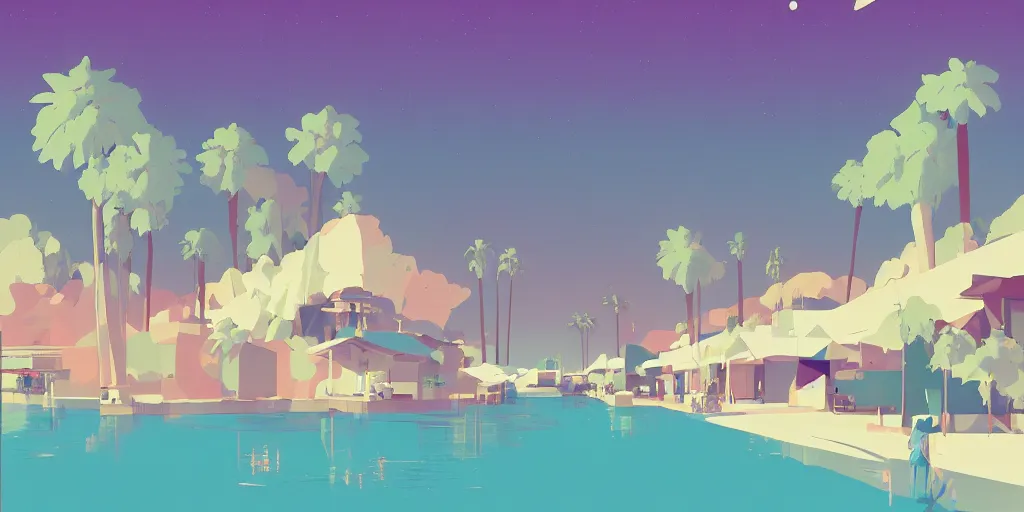 Prompt: a beautiful illustration Palm Springs by James Gilleard, Studio Ghibli, geometric lines, 8k, 4k