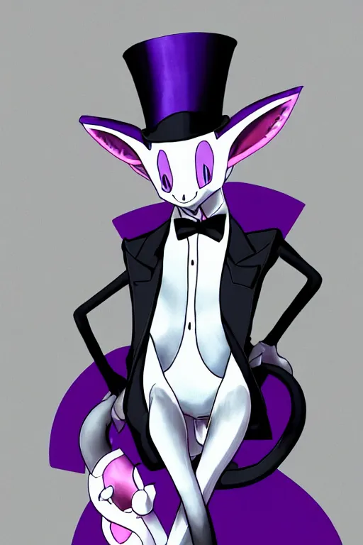 Prompt: mewtwo human hybrid wearing a top hat and suit, highly detailed, digital art, sharp focus, ambient glow, trending on art station, anime art style