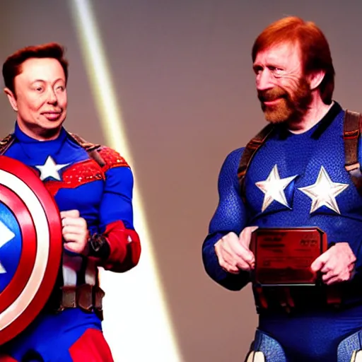 Image similar to uhd hyperdetailed candid photo of cosmic chuck norris dressed as captain america, wearing extremely intricate costume. elon musk presenting an award. photo by annie leibovitz