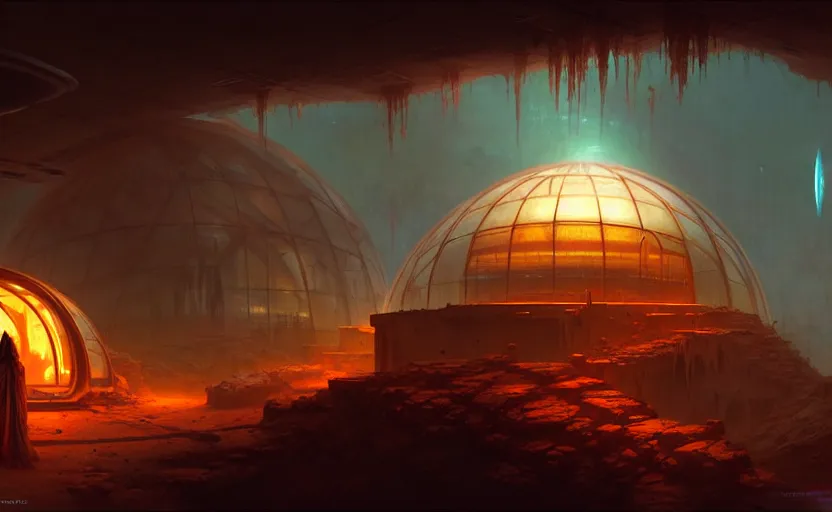 Image similar to abandoned mars biodome, horror sccene, by Greg Rutkowski and Gaston Bussiere, dim lighting, beautiful volumetric-lighting-style atmosphere, futuristic atmosphere, intricate, detailed, photorealistic imagery, artstation, by Evgeny Lushpin