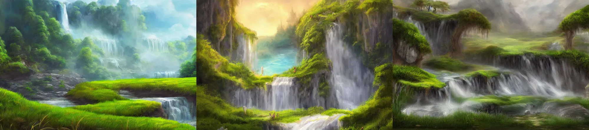Prompt: grassland landscape painting with waterfall, matte painting, trending on artstation, digital painting