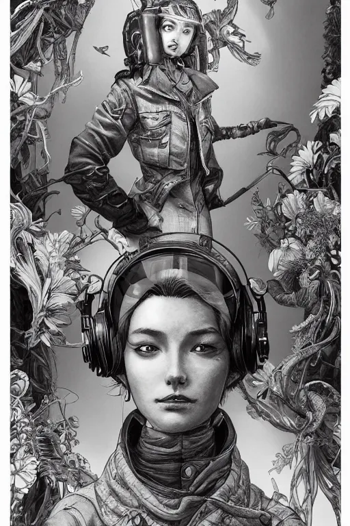 Image similar to studio portrait of a female aviator, beautiful, elegant, an ultrafine hyperdetailed illustration by kim jung gi, and moebius, jean gireaud, and nicholas delort, intricate linework, detailed faces, super sharp focus, bright colors, octopath traveler, final fantasy, unreal engine 5, symmetry, central composition,