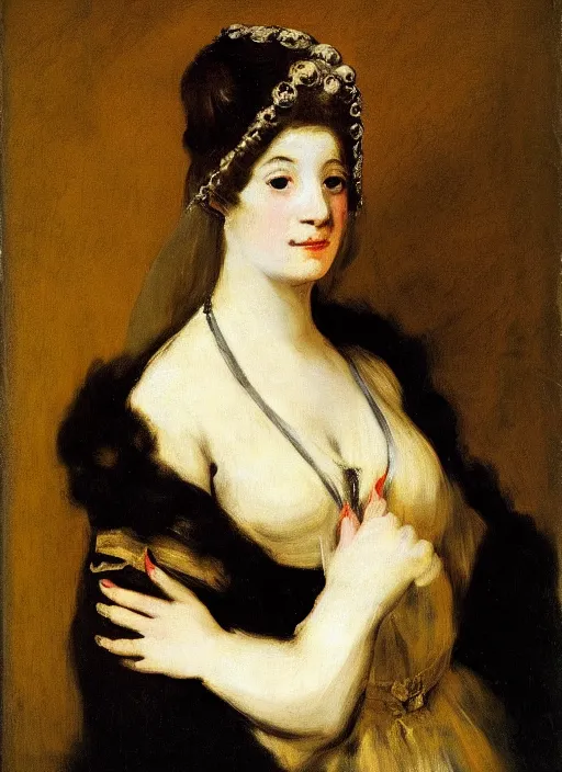 Image similar to portrait of young woman in renaissance dress and renaissance headdress, art by francisco goya