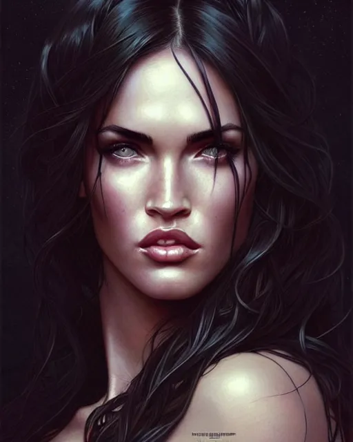 Image similar to portrait of megan fox with sultry face expression, glowing eyes, intricate, headshot, highly detailed, digital painting, artstation, concept art, sharp focus, cinematic lighting, illustration, art by artgerm and greg rutkowski, alphonse mucha, cgsociety