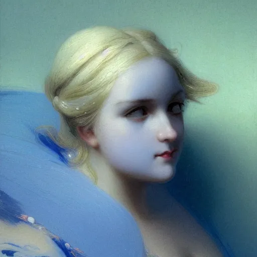 Image similar to a young woman's face, her hair is white and she wears a cobalt blue satin cloak, by ivan aivazovsky and syd mead and moebius and gaston bussiere and roger dean and pieter claesz and paul delaroche and alma tadema and aelbert cuyp and willem claesz, hyperrealistic, volumetric light, octane render