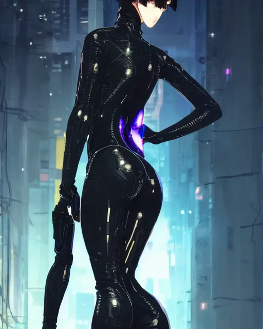 Prompt: kyoto animation, cool girl wearing cyberpunk intricate catsuit, beautiful, detailed portrait, cell shaded, 4 k, concept art, by wlop, ilya kuvshinov, artgerm, krenz cushart, greg rutkowski, pixiv. cinematic dramatic atmosphere, sharp focus, volumetric lighting, cinematic lighting, studio quality