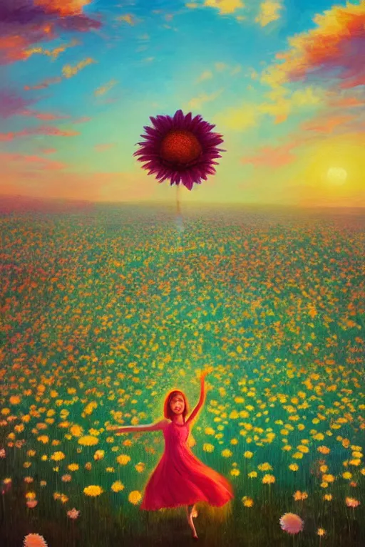 Image similar to giant daisy flower as head, girl dancing in a flower field, surreal photography, sunrise, dramatic light, impressionist painting, colorful clouds, digital painting, artstation, simon stalenhag