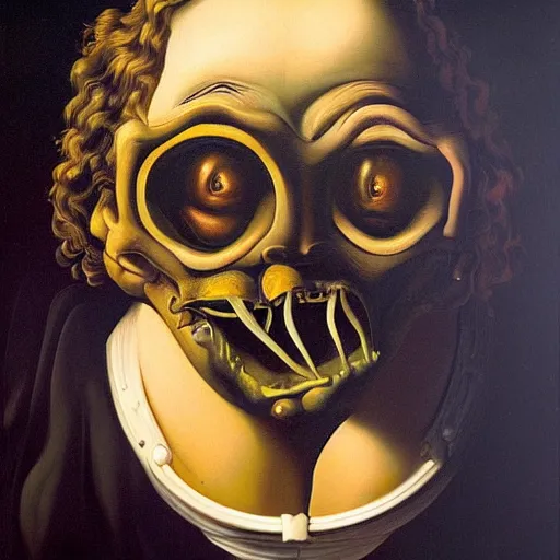 Image similar to oil painting with black background by christian rex van dali todd schorr of a chiaroscuro portrait of an extremely bizarre disturbing mutated man with acne intense chiaroscuro obscuring features lighting perfect composition masterpiece