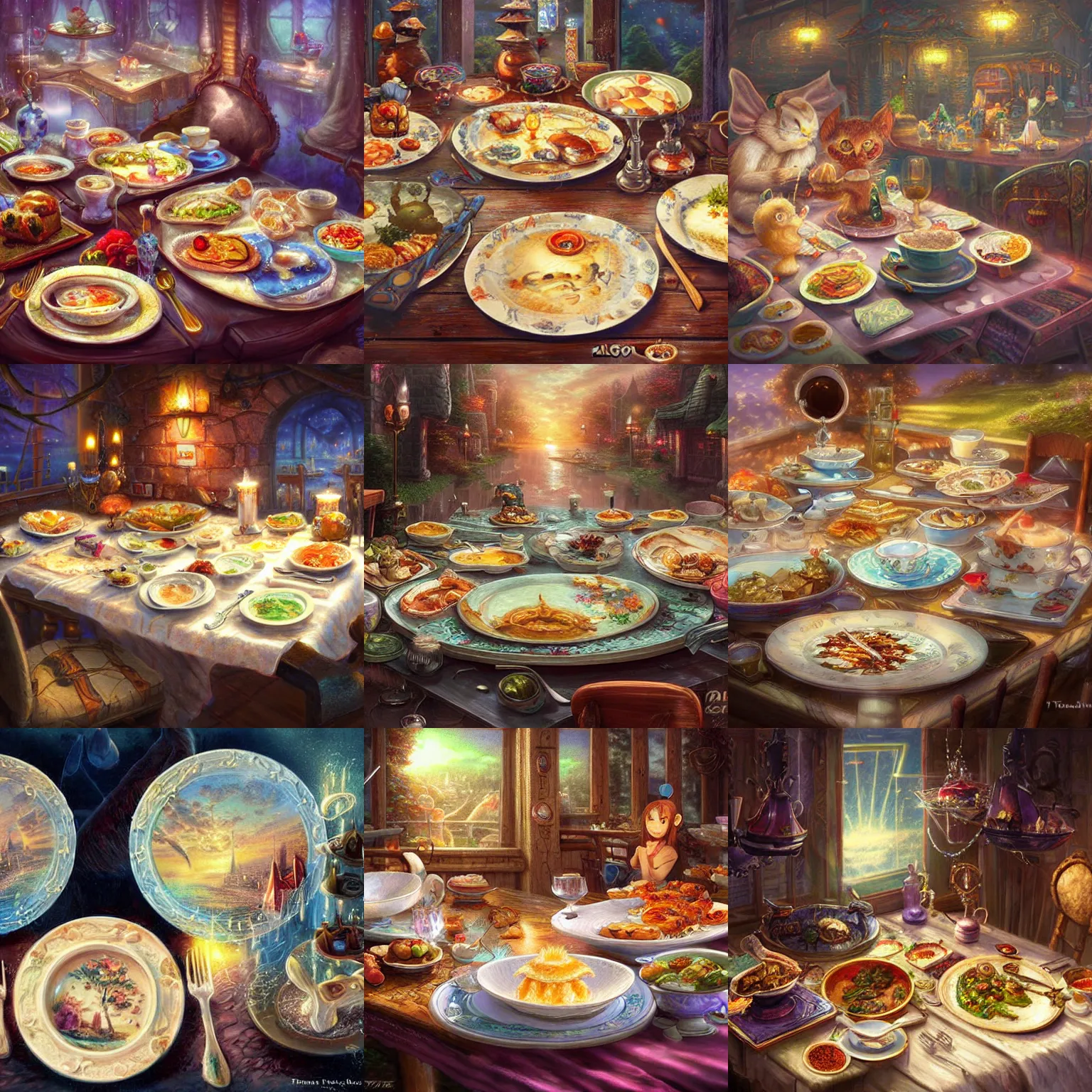 Prompt: table with ( plates ), food on each plate fantasy art, fantasy, anime, food focus, magic, highly detailed, by thomas kinkade, by wlop,