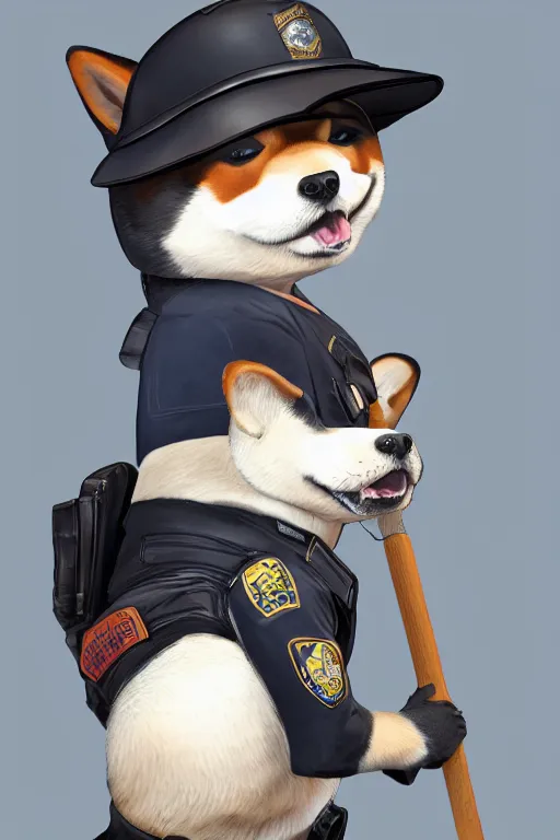 Image similar to shiba inu holding a baseball bat, wearing a police uniform on his bady, wearing a japanese traditional hat on his head, character design, highly detailed digital art, atmosphere, cinematic lightning, hyperrealistic, focused, extreme details, 4 k, ultra detailed, trending on artstation, masterpiece