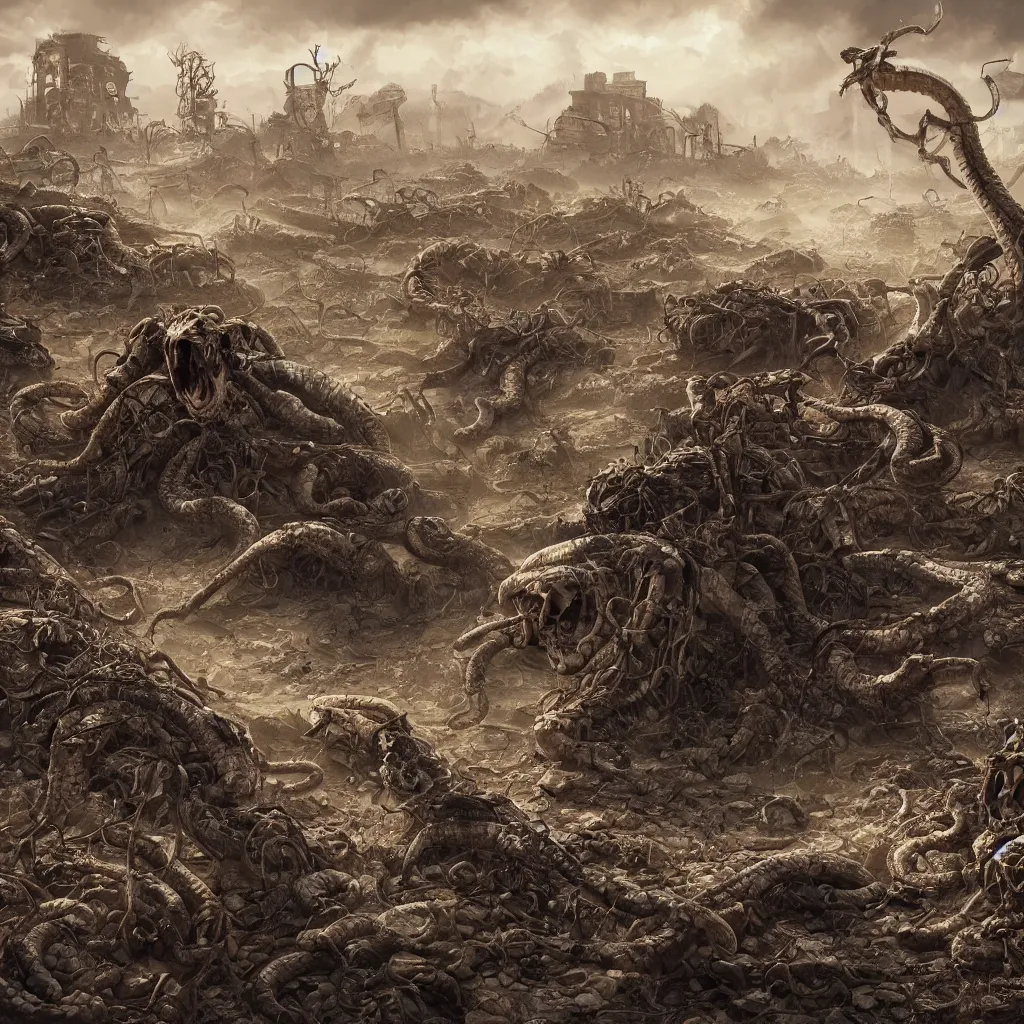 Image similar to snakes crawling from skulls in apocalyptic wasteland, depressing, morbid, surreal, 4 k, digital art, concept art, trending on artstation, highly detailed, epic composition