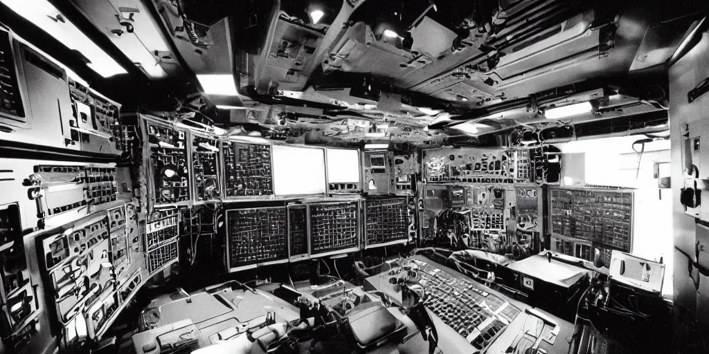 Prompt: film still of a machinery control room on a space ship freighter, ridley scott movie, 1 9 8 0 s dark sci - fi, claustrophobic, long tube, hardware, screens, controls,