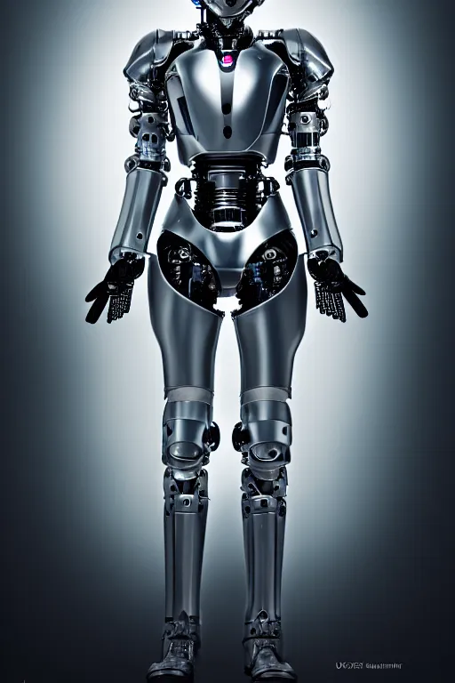 Image similar to cybernetic ultra high tech female knight, sci - fi, high technologies, futurism, exoskeleton, carbon, strong artificial intelligence, symmetry, cinematic, elegant, luxury, perfect light, perfect composition, dlsr photography, sharp focus, 8 k, ultra hd, sense of awe, highly detailed, realistic, intricate, science journal cover