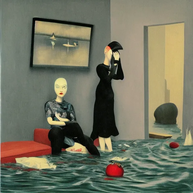 Image similar to tall female emo artist in her flooded apartment, water gushing from ceiling, painting of flood waters inside an artist's home, a river flooding indoors, pomegranates, pigs, ikebana, zen, water, octopus, river, rapids, waterfall, black swans, canoe, berries, acrylic on canvas, surrealist, by magritte and monet