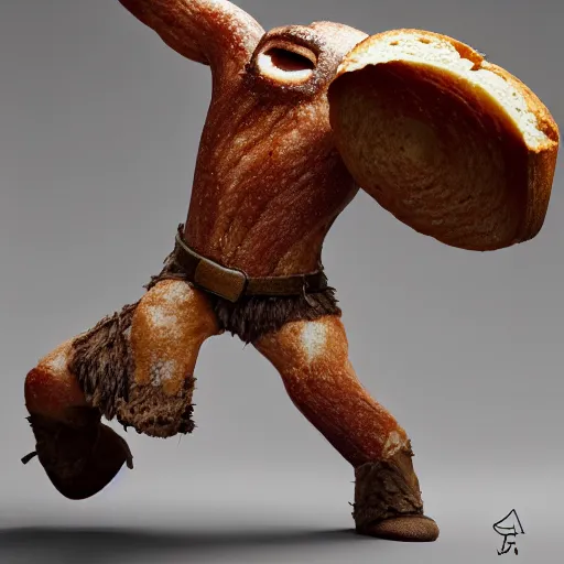 Image similar to viking battle toast, a slice of toasted bread with a face, arms and legs, holding a sword, cute, pixar, volumetric lighting, dynamic composition, fantasy, hyper detailed, ultra realistic, sharp focus, octane render, concept art by ruan jia and heng z and artem