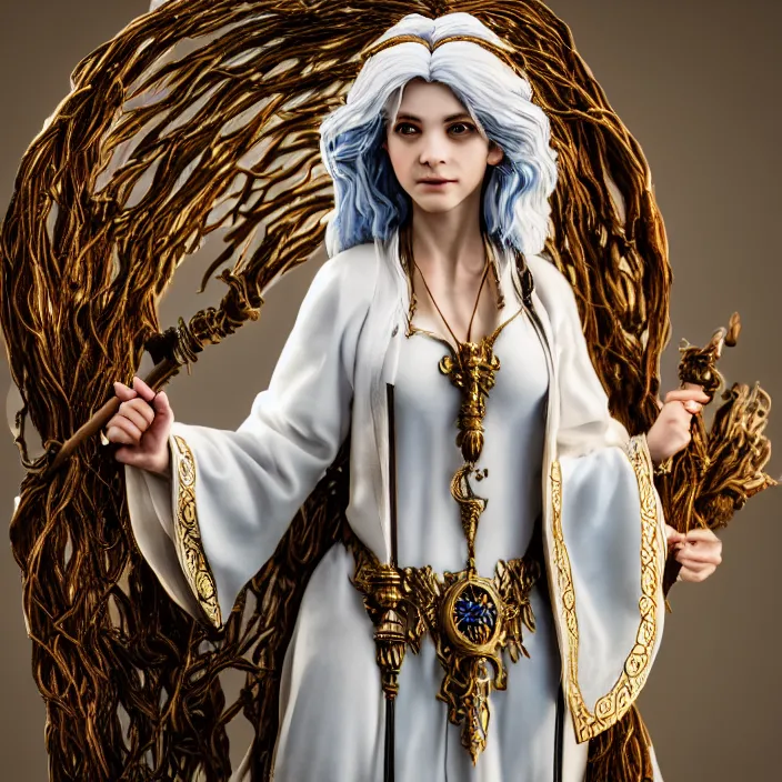 Image similar to photograph of a real-life beautiful elemental air witch with ornate white robes and staff. Extremely detailed. 8k