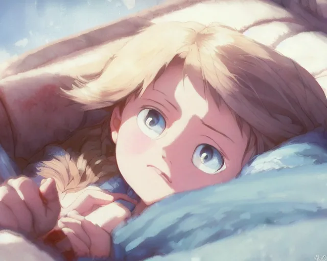 Prompt: a brunnete girl with blue eyes and puffy cheeks lying happy in her bed, close up shot from the top, anime art, Greg Rutkowski, studio ghibli, dramatic lighting