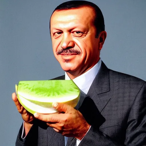 Prompt: recep tayyip erdogan smiling holding watermelon for a 1 9 9 0 s sitcom tv show, studio photograph, portrait c 1 2. 0