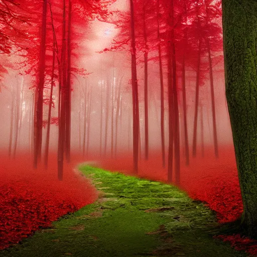 Prompt: a red energy flowing through a forest turning everything it touches into red, cinematic, real, 4k, art station, render, moody, red, glow