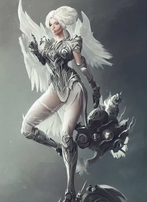 Image similar to a highly detailed illustration of white haired pale lady wearing dieselpunk armor dress with iron wings, dramatic floating pose, intricate, elegant, highly detailed, centered, digital painting, artstation, concept art, smooth, sharp focus, league of legends concept art, wlop