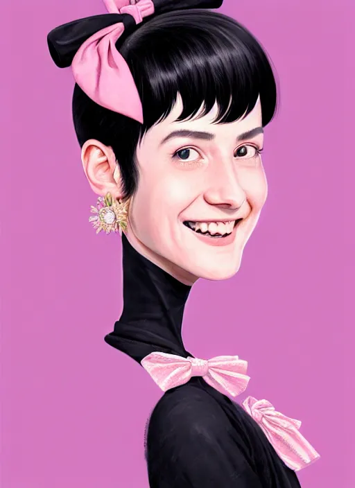 Image similar to portrait of high school girl, realistic, black hair, bangs, half updo hairstyle, pointy nose, skinny, smile, ugly, defined jawline, big chin, pink hair bow, earrings, intricate, elegant, glowing lights, highly detailed, digital painting, artstation, sharp focus, illustration, art by wlop, mars ravelo and greg rutkowski