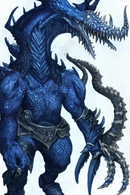 Image similar to a D&D character of a dark blue dragonborn with blue flame burning half his face, he has large tusks, he wears a black dragon scales armor, D&D concept art