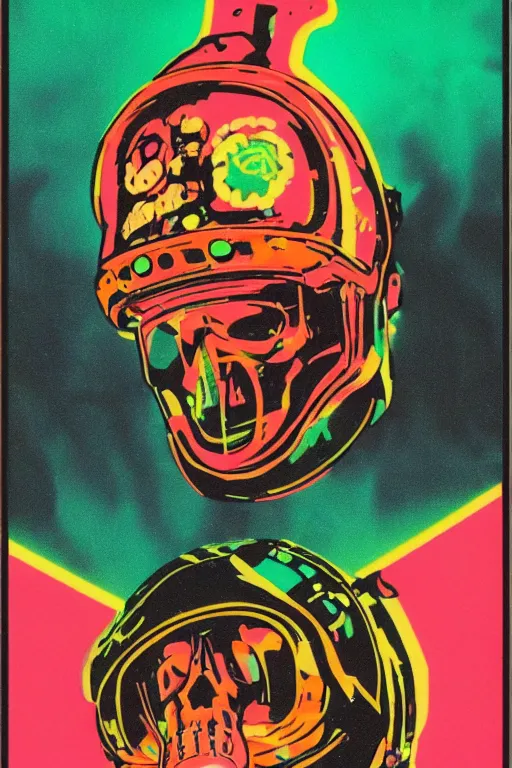 Image similar to astronaut with neon glowing skull 1 9 6 0 s color _ bleed _ video compression video glitch vhs footage akira kurosawa mamoru oshii wes anderson