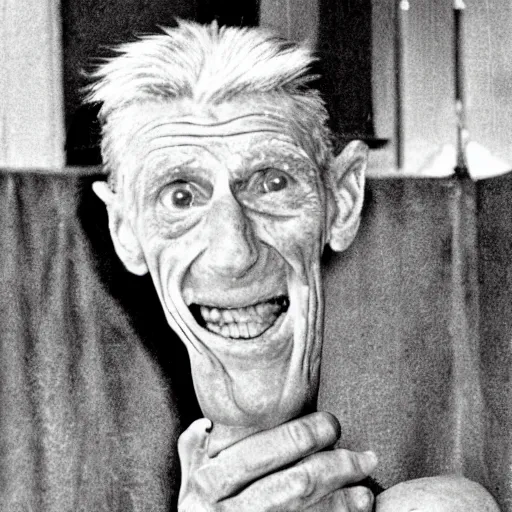 Prompt: samuel beckett's face on a juicy leg of ham