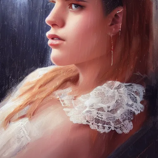 Prompt: anna carlos as a hot girl on a train, detailed lace dress, gorgeous face portrait, expressive oil painting, matte art, trending on artstation, rainy weather