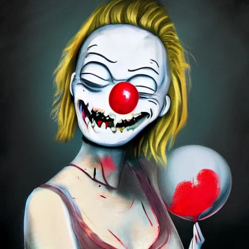 Prompt: grunge painting of margot robbie with a wide smile and a red balloon rick and morty style, creepy lighting, horror theme, detailed, elegant, intricate, conceptual