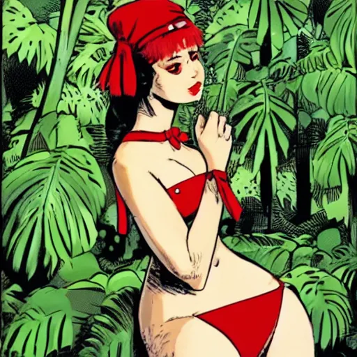 Image similar to a howard chaykin of reimu in the jungle wearing bonnet