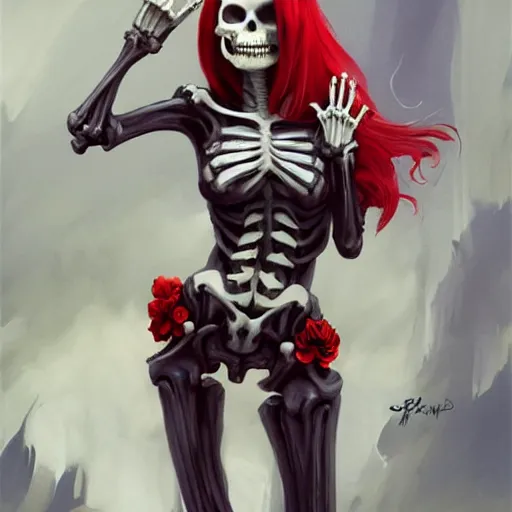 Image similar to cute & beautiful smug smiling undead skeleton girl with very attractive face and red hair dressed as a metrocop, elegant, digital art, fullbody painting, fantasy, pixar style, painting, pin up, highly detailed, artstation, art by artgerm, vrubel, greg rutkowski, ilya kuvshinov, raymond swanland