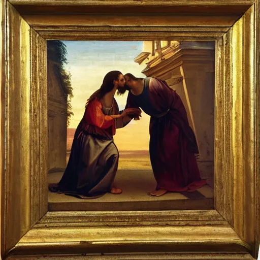 Image similar to an oil panting of a jesus kissing maria maddalena