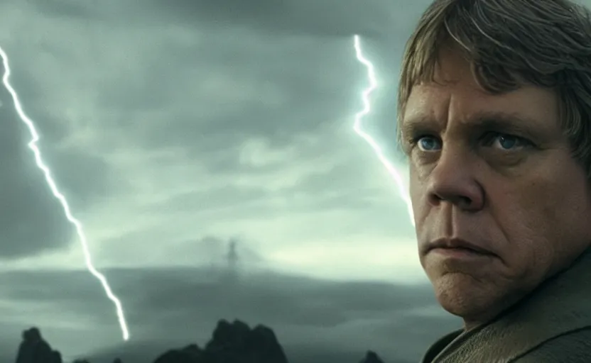 Prompt: screenshot portrait of Luke Skywalker in a lightning battlefield looking at the ghost of emporer palpatine, with scattered ruins of a fiery jedi rock temple, iconic scene from 1970s film by Stanley Kubrick, last jedi, 4k HD, cinematic lighting, beautiful portrait of Mark Hammill, moody scene, stunning cinematography, mcu effects, anamorphic lenses, kodak color film stock