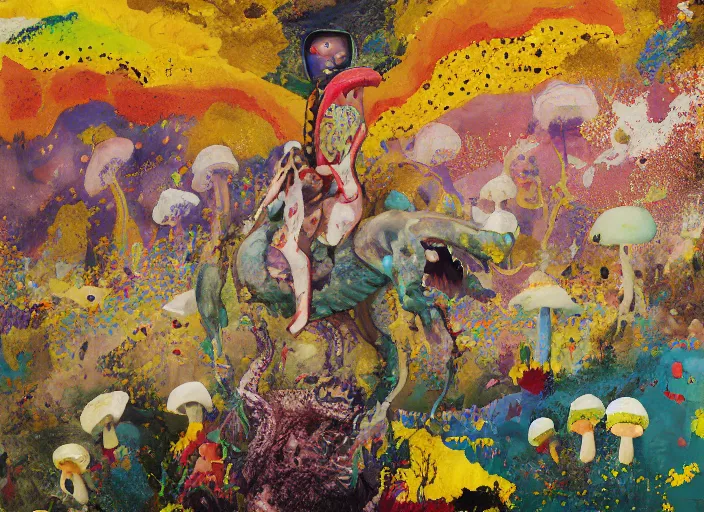 Image similar to expressionistic decollage painting golden armor alien zombie horseman riding on a translucent bone dragon broken rainbow diamond maggot horse in a blossoming meadow full of colorful mushrooms and golden foil toad blobs in a golden sunset, distant forest horizon, painted by Adrian Ghenie, Helen Frankenthaler, Danny Fox and Hilma af Klint, pixelated, semiabstract, color field painting, byzantine art, pop art look, naive, outsider art. Mark Rothko painting, part by Philip Guston and Frank Stella art by Barnett Newman, 8k, extreme detail, intricate detail, masterpiece