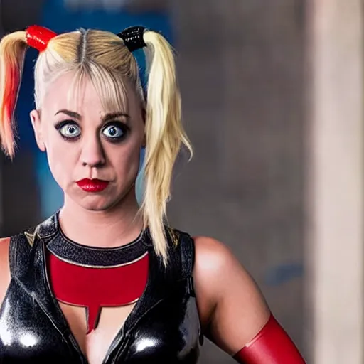 Image similar to A still of Kaley Cuoco as Harley Quinn