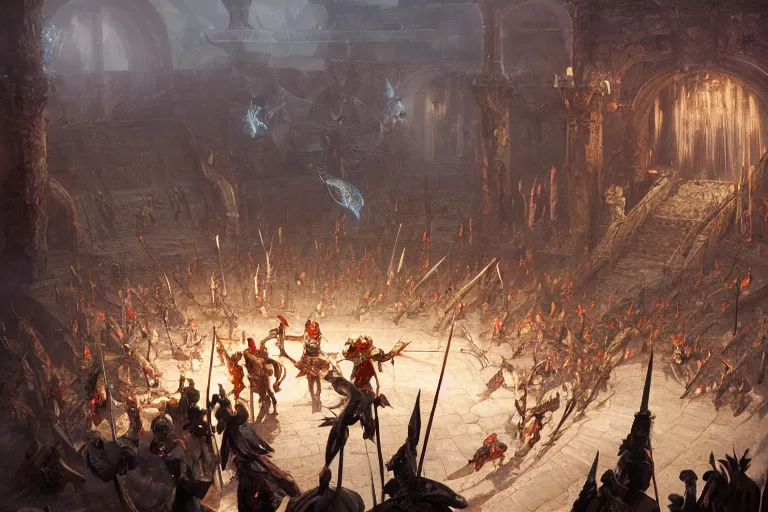 Image similar to a pile of swords in the middle of a gladiator arena, d & d, heartstone, digital painting, volumetric light, intricate, sharp, focus, bloom, illustration, highly detailed, concept art, matte, ruan jia, randy vargas, greg rutkowski