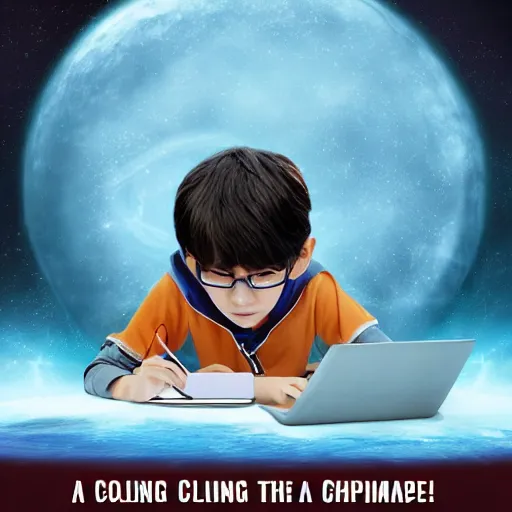 Image similar to a boy coding in a celestial computer to save the universe